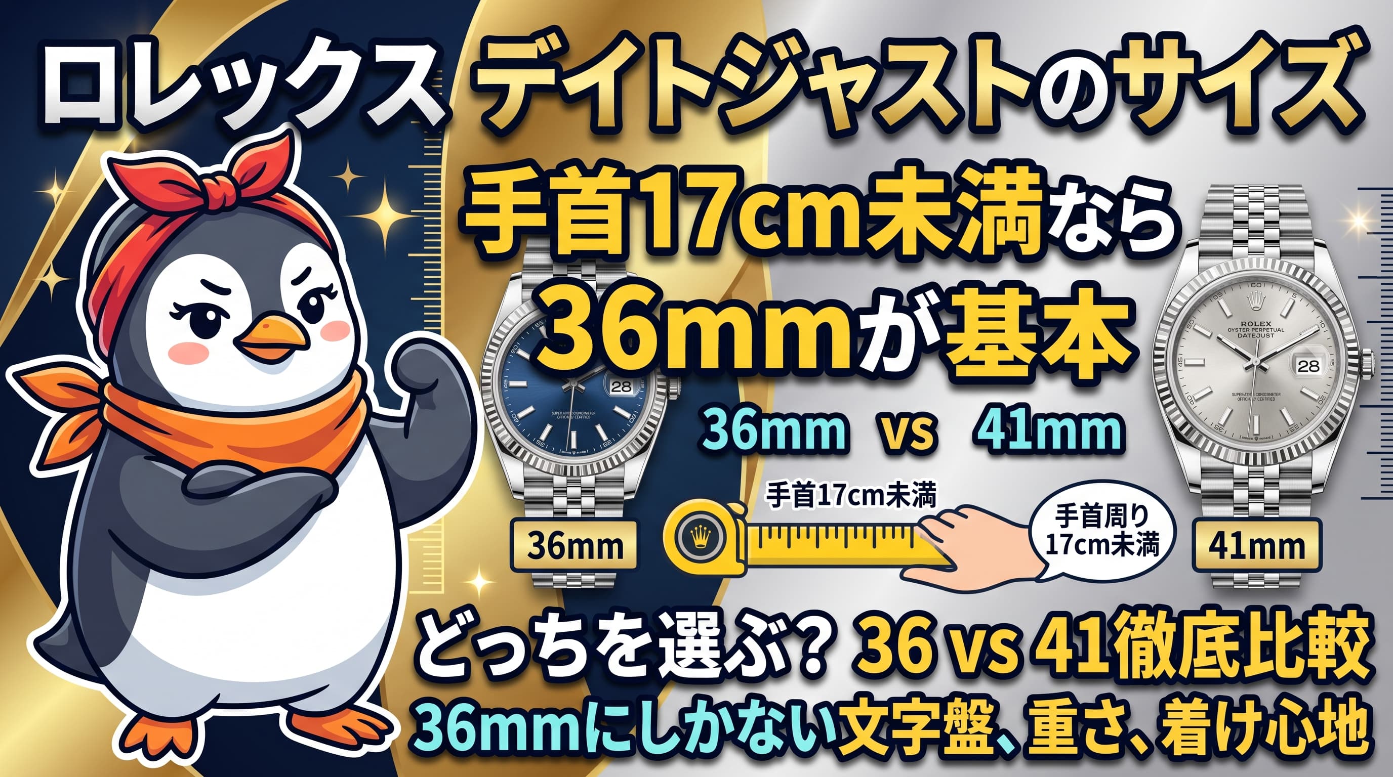 ロレックス デイトジャストのサイズ|手首16cm前後までなら36mm、17cm以上は41mmが目安